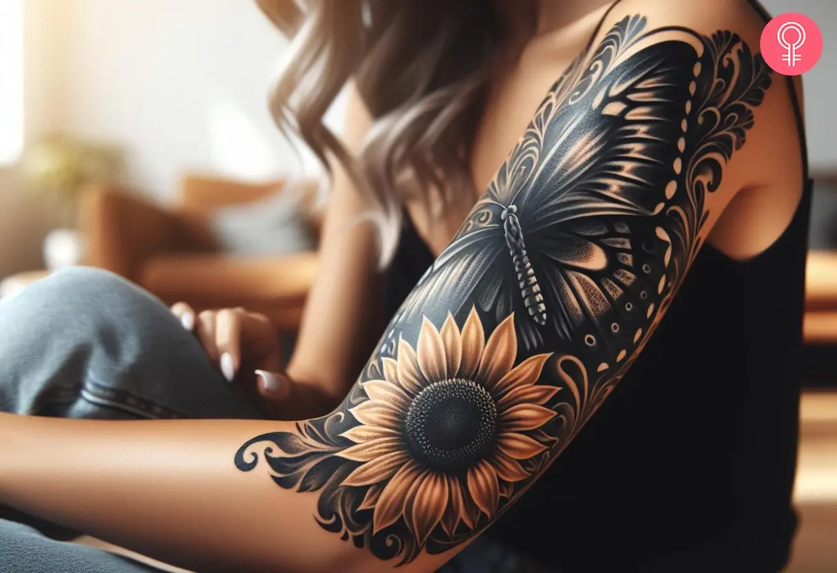 A woman with a black butterfly and sunflower tattoo on her bicep