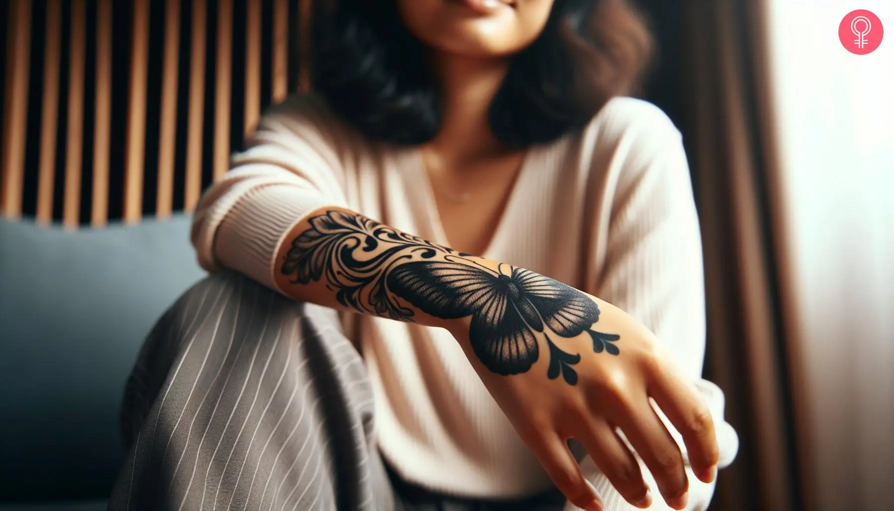 A woman with a black butterfly tattoo cover-up on her wrist