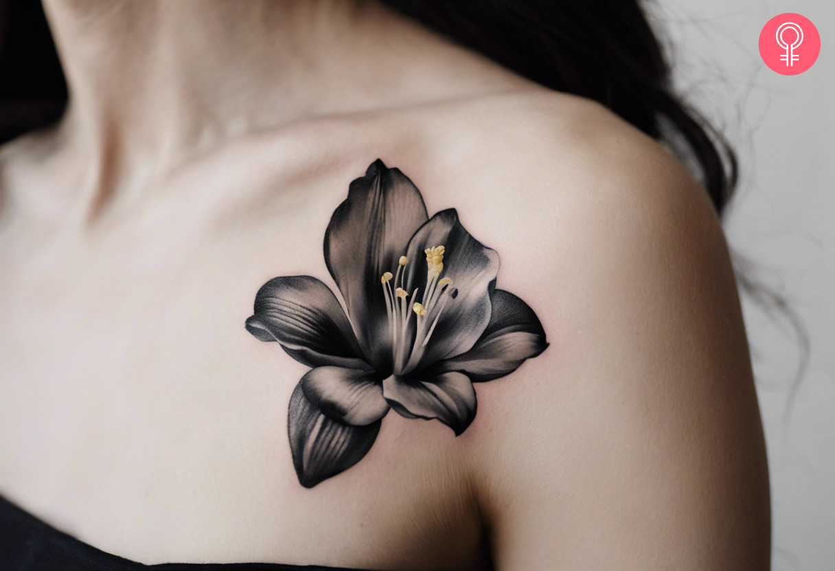 A collarbone tattoo of a black freesia