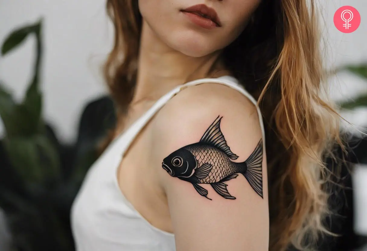 A black goldfish tattoo on a woman’s shoulder