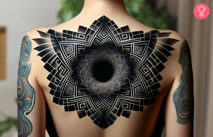 A woman with a black hole optical illusion tattoo on her upper back