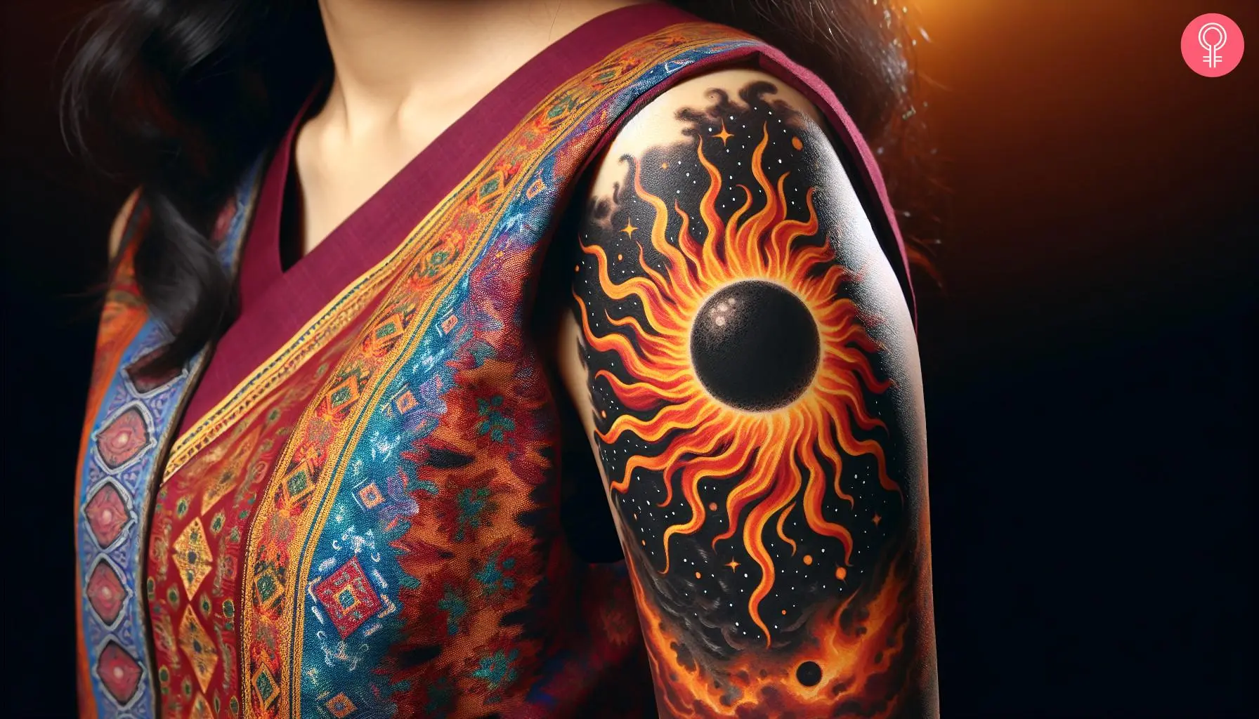 A woman with a black hole sun tattoo on her upper arm