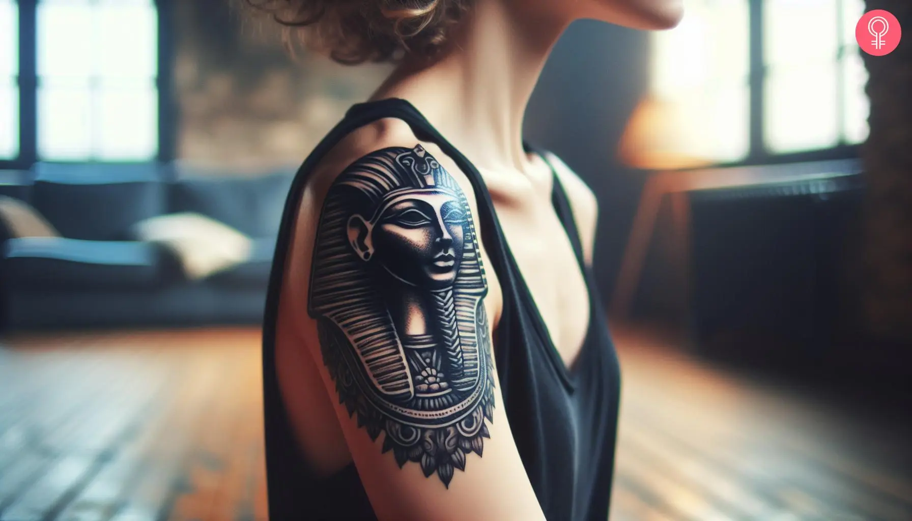 A woman with a black sphinx tattoo on her upper arm