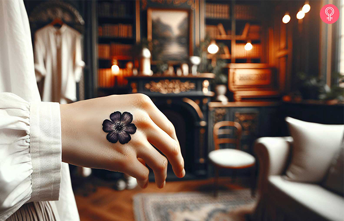 A woman wearing a black violet flower tattoo on her hand