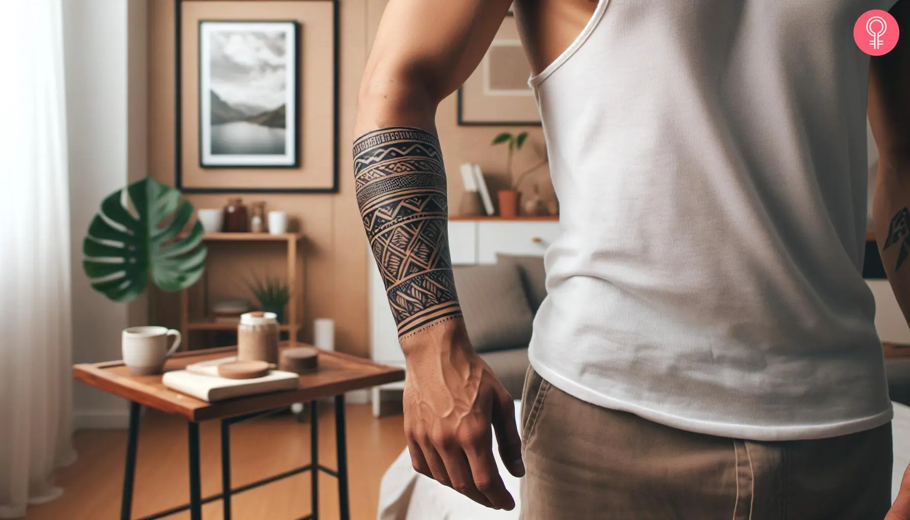 Black ink polynesian armband tattoo with intricate geometric designs