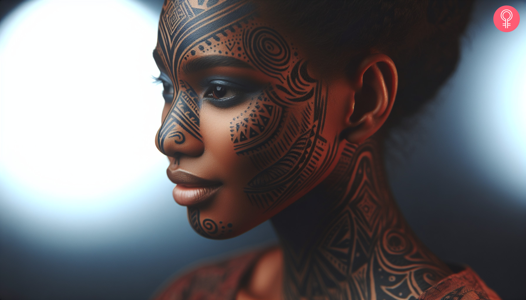 Black ink tribal tattoos on the forehead and cheekbones