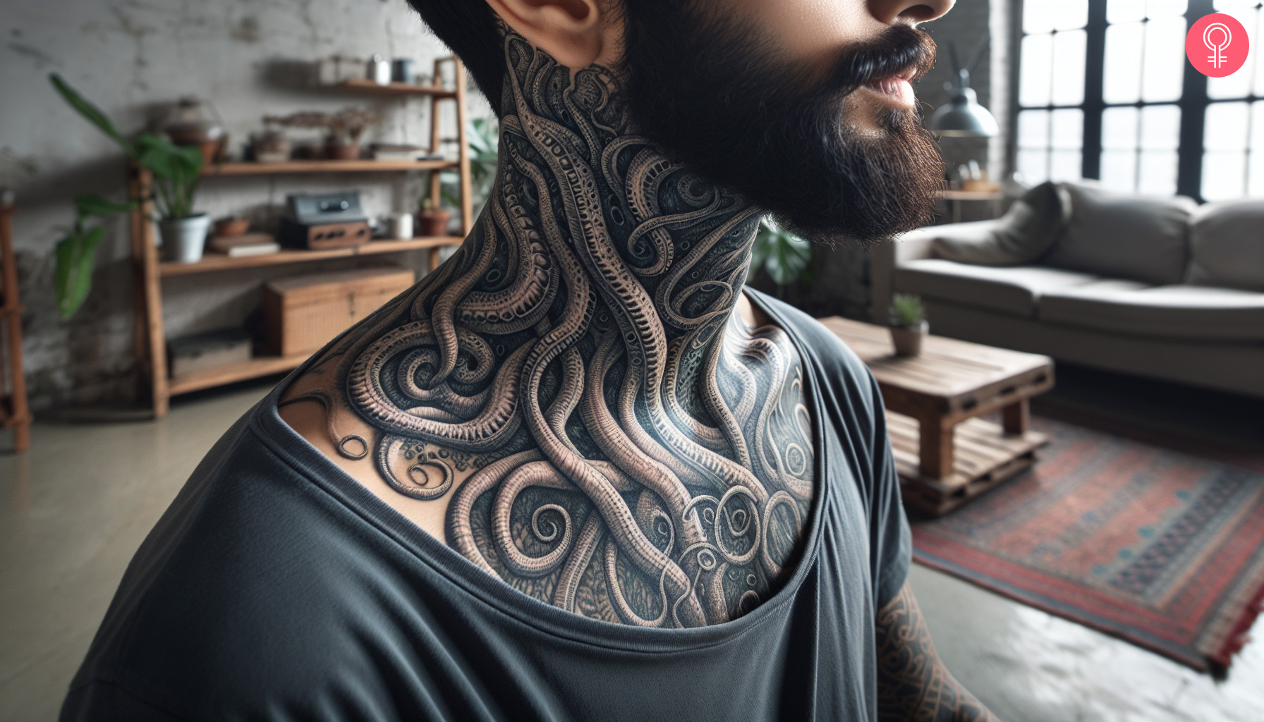 Blackwork neck tattoo of entangled tentacles