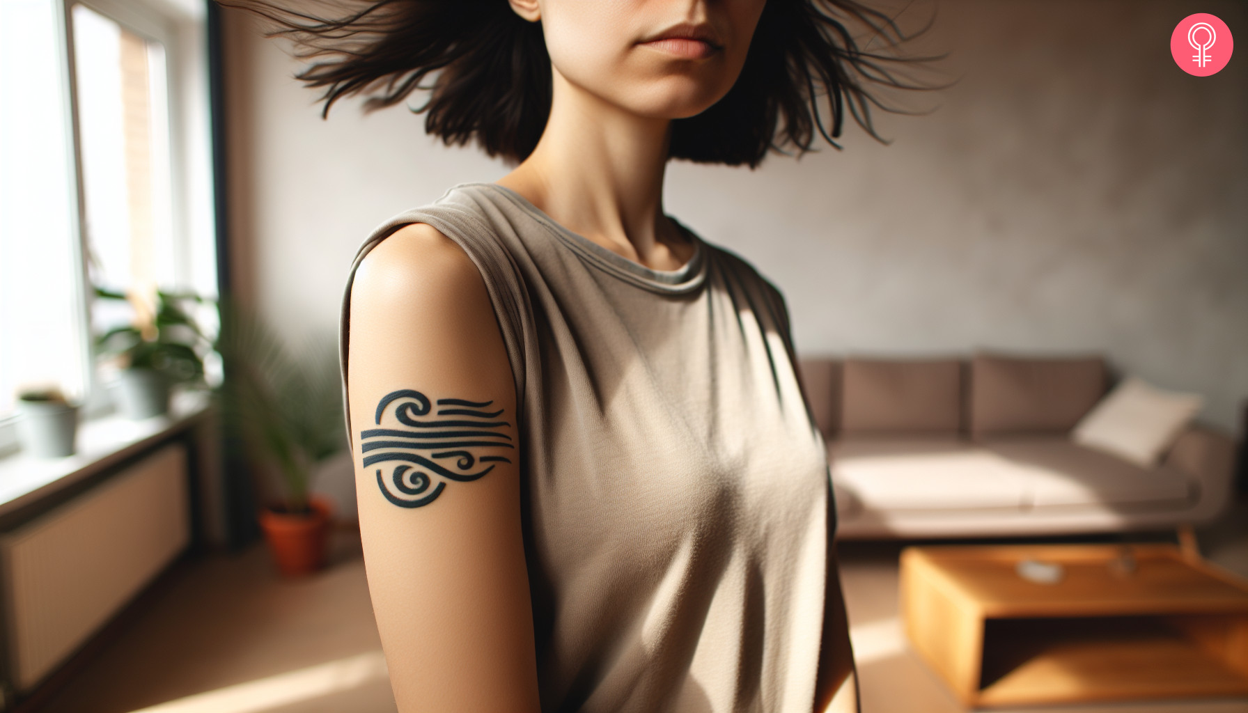 A woman with a wind tattoo with minimalist lines and swirls