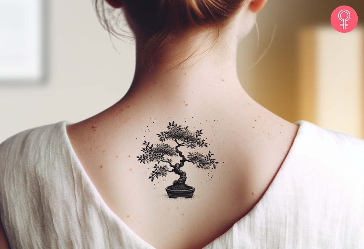 A woman with a black small bonsai tree tattoo on her upper back