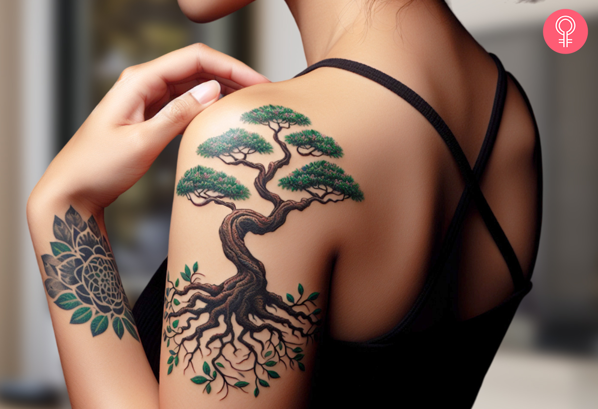 A woman with a colored bonsai tree of life tattoo on her upper arm