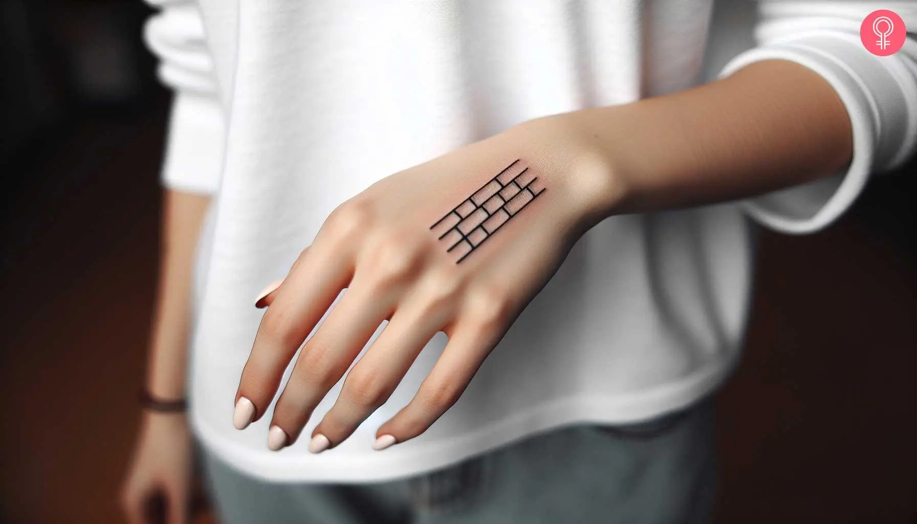 A minimalist brick wall tattoo on the hand