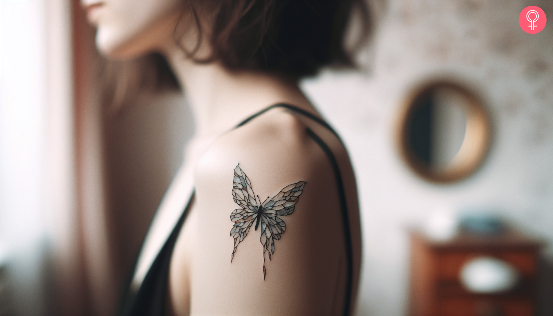 A woman with a colored broken glass butterfly tattoo on her upper arm