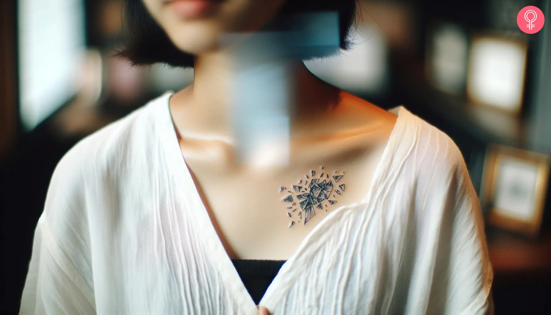 A woman with a broken glass tattoo on her chest