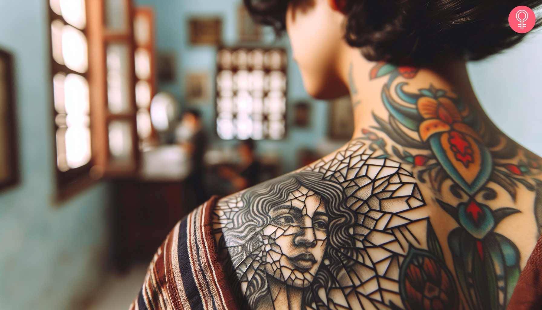 A woman with a black broken glass face tattoo on her upper back