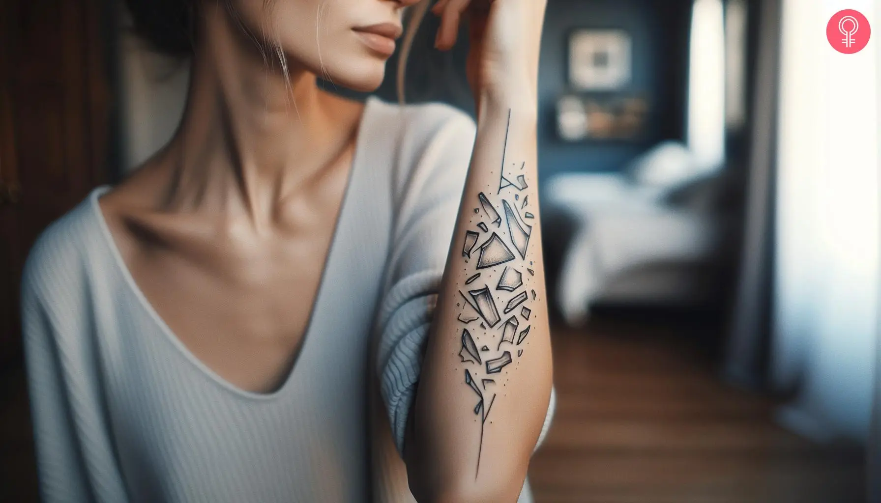 A woman with a broken glass pieces tattoo on her forearm