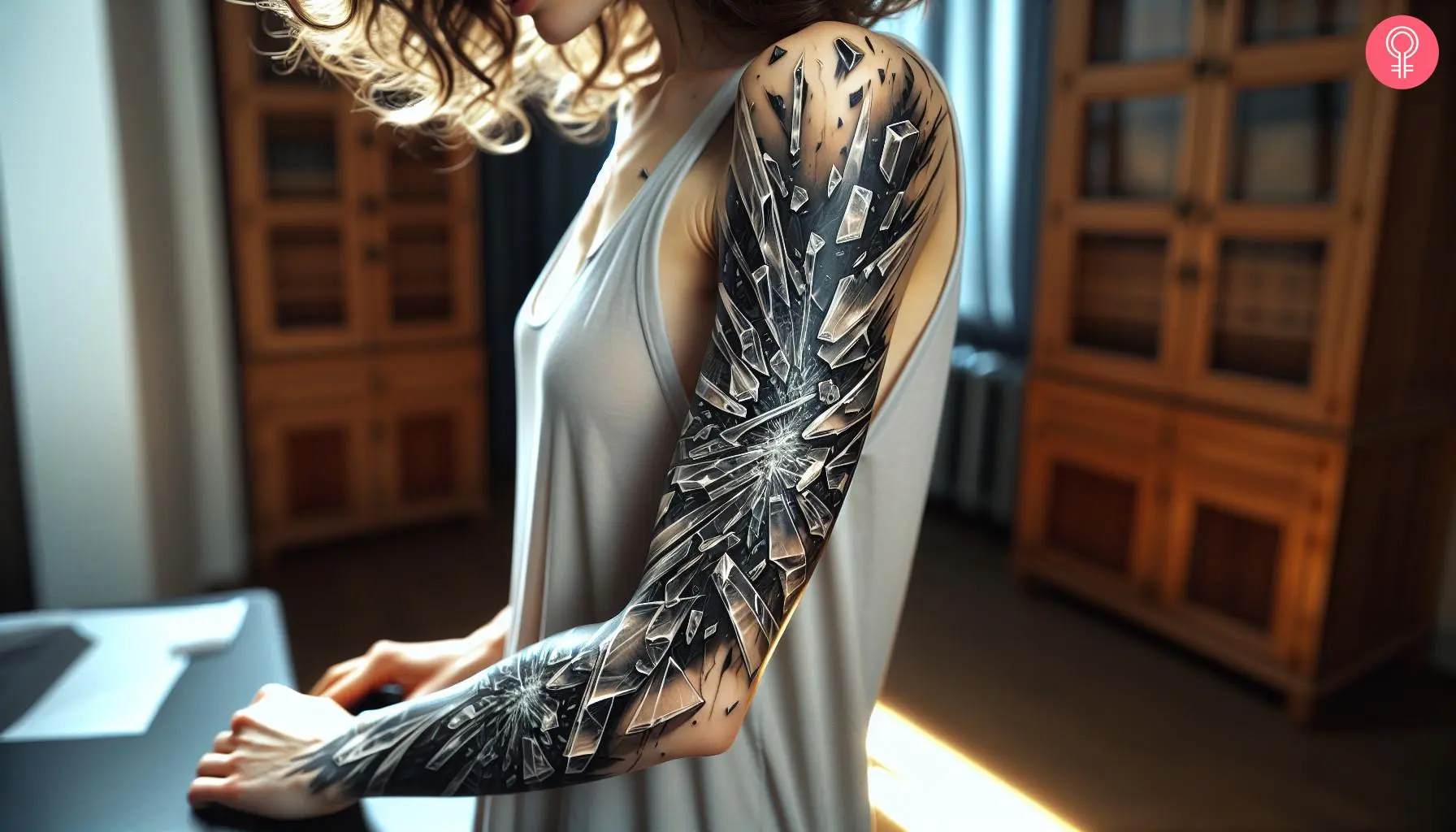 A woman with a colored broken glass full-sleeve tattoo