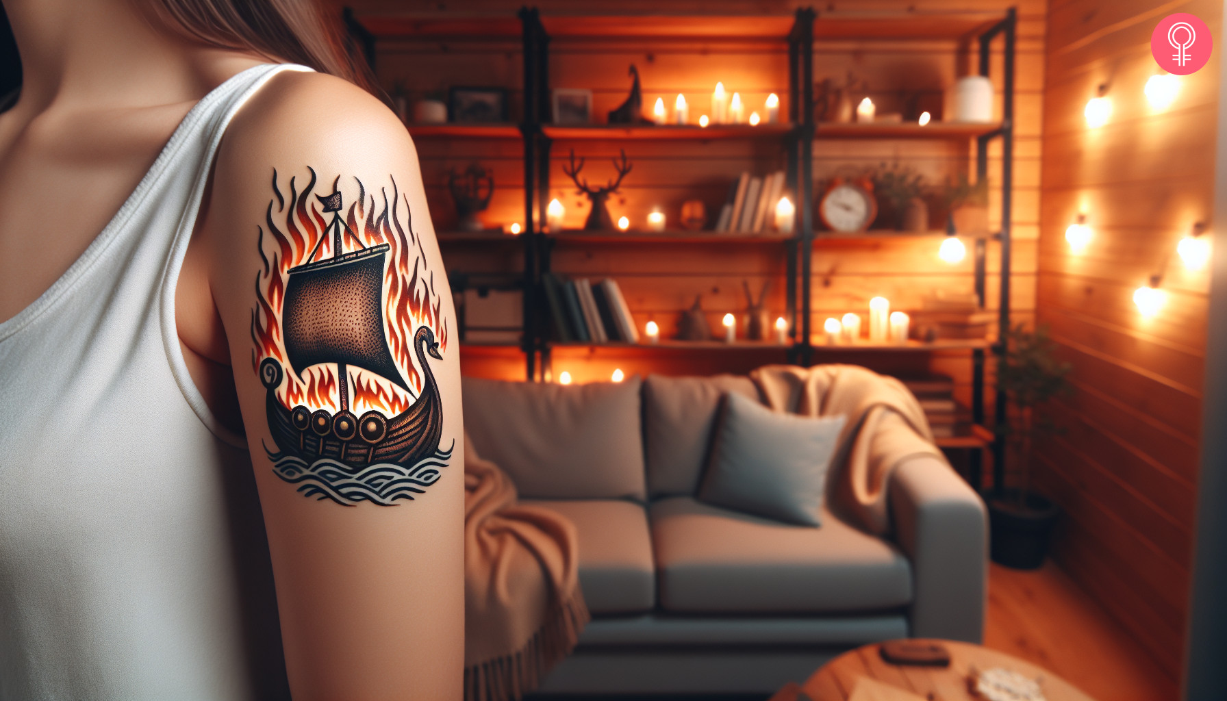 Burning Viking ship tattoo on the upper arm