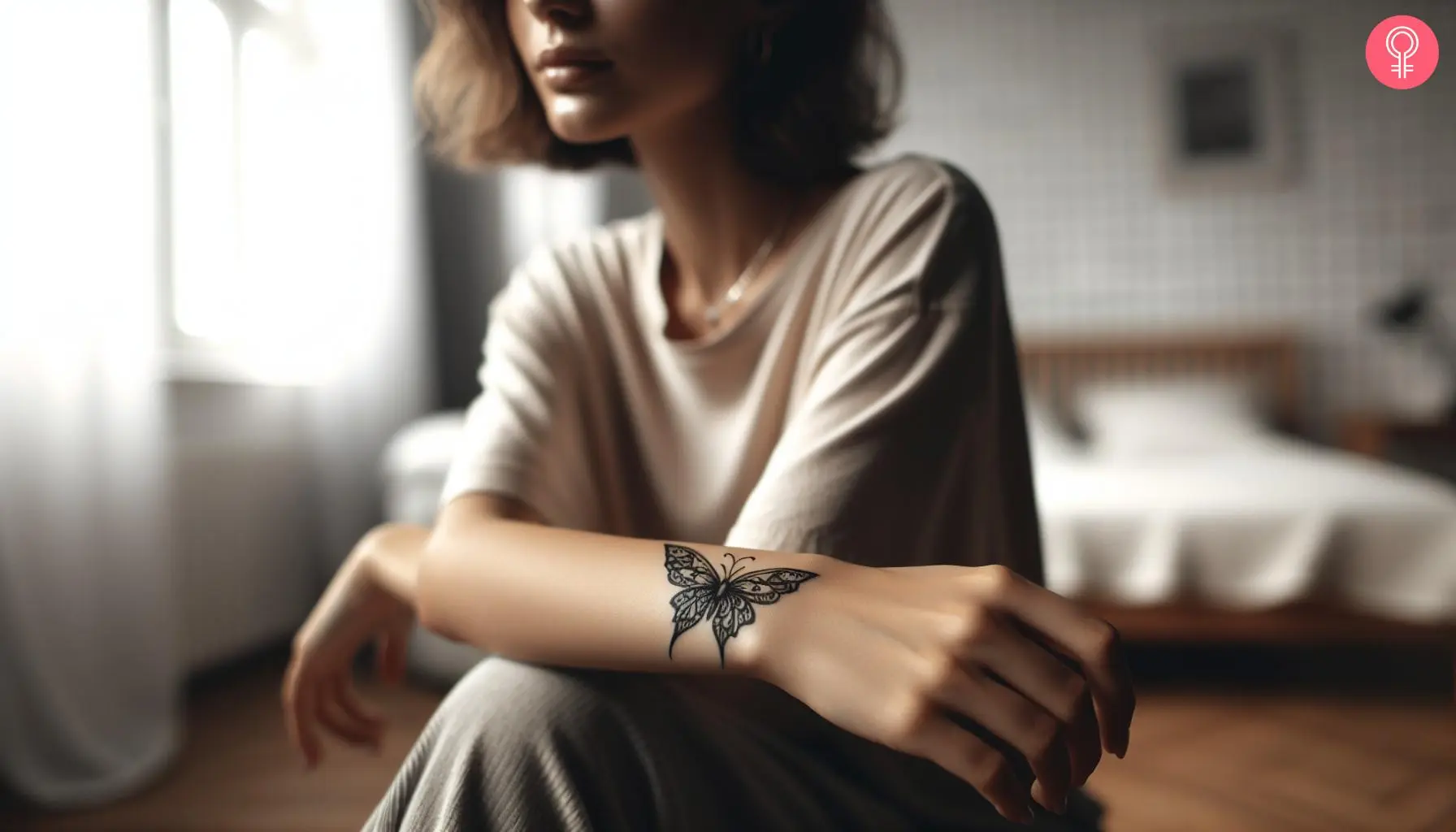 A woman with a butterfly tattoo on her arm