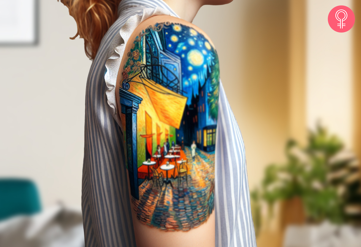 Café Terrace at Night painting tattoo on the upper arm