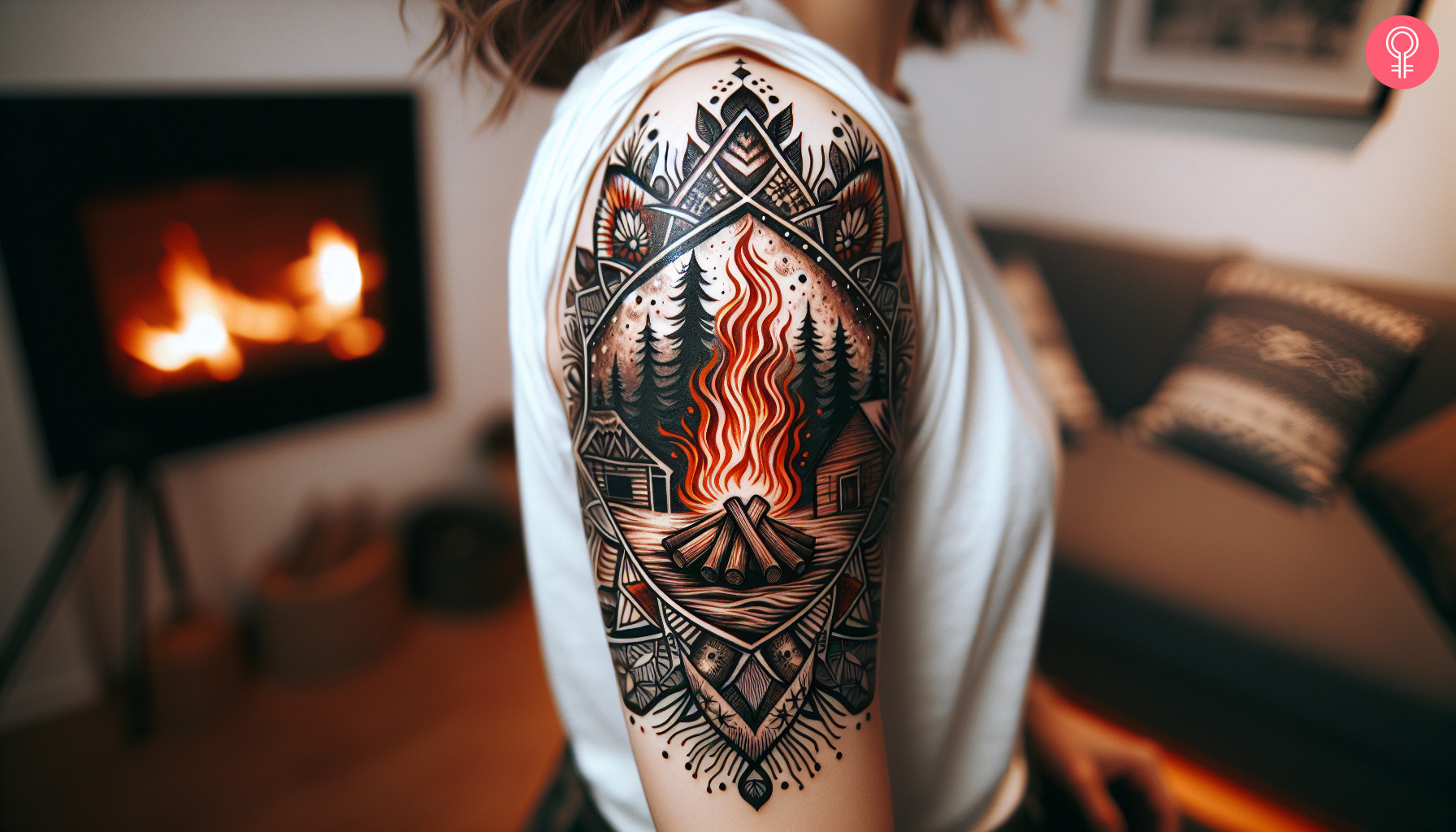 Campfire camping tattoo on the upper arm