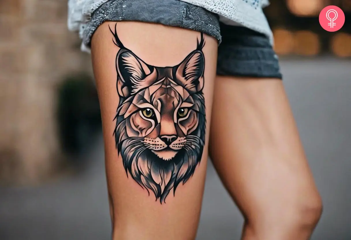 A detailed Canadian lynx tattoo on the thigh