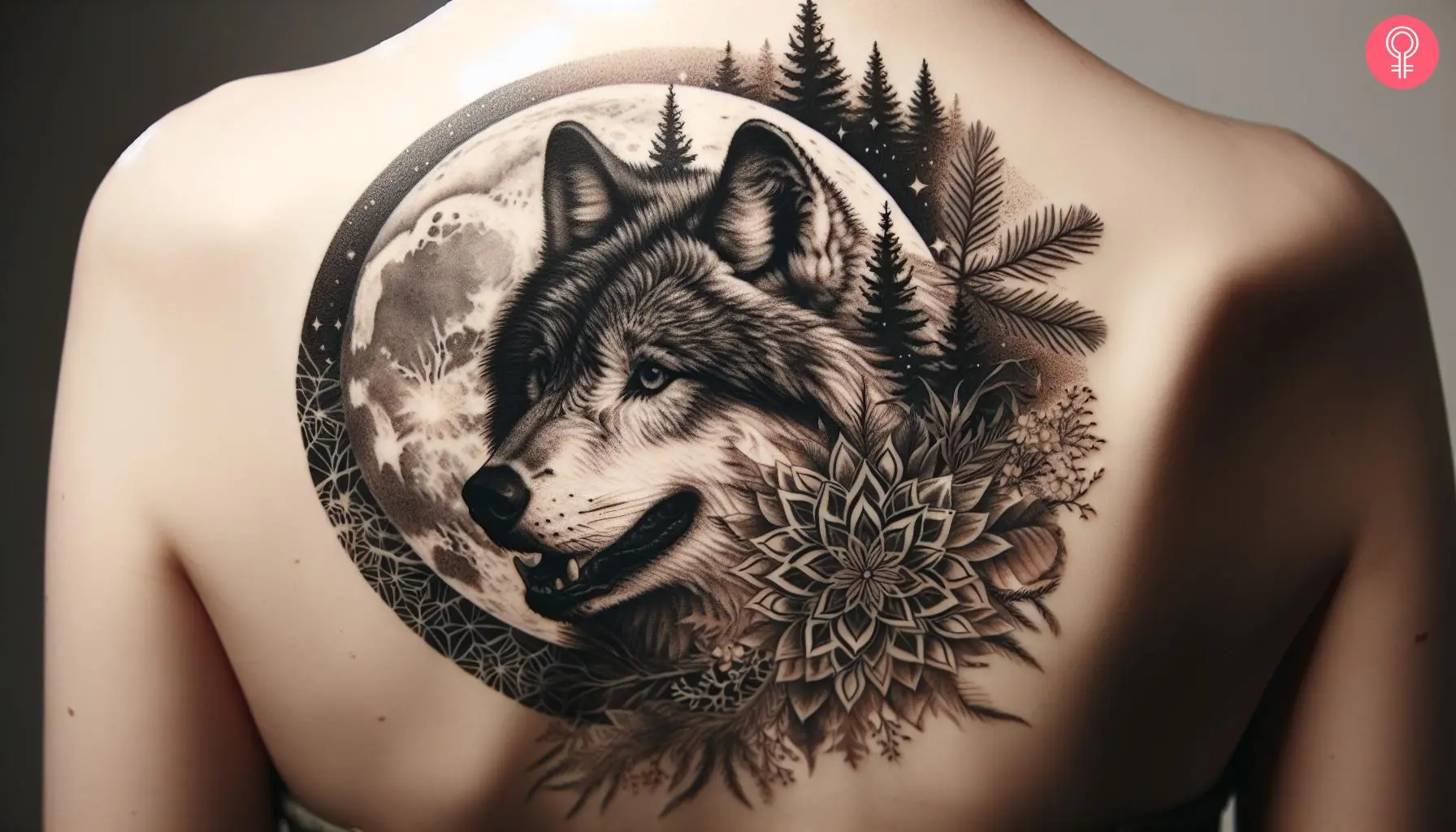 Woman with canis lupus tattoo on her upper back