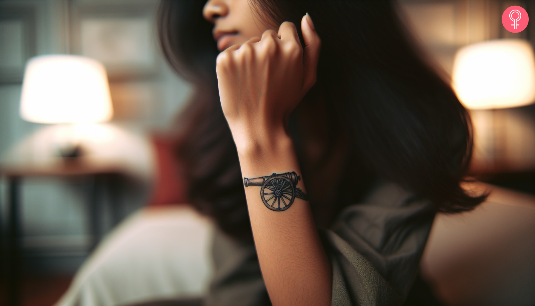 A woman with a small, black cannon tattoo on her wrist