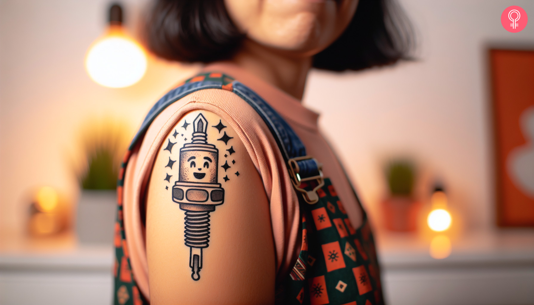 A woman with an old school style spark plug tattoo on her upper arm