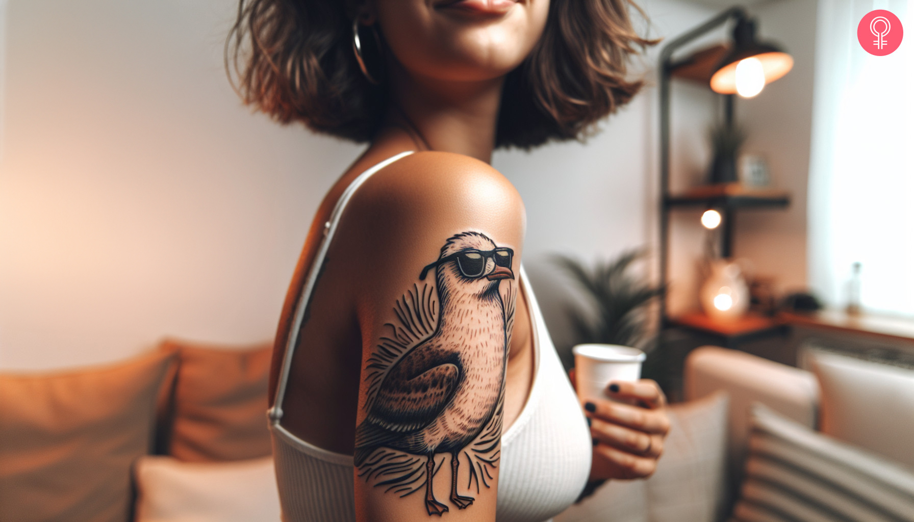 Cartoon seagull tattoo on the upper arm