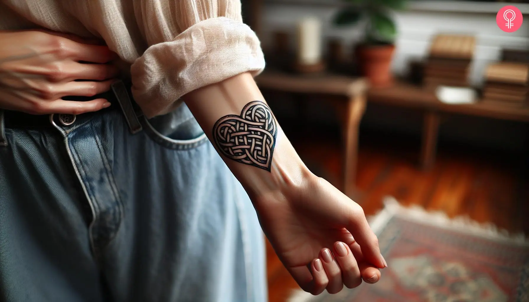 A woman with a black Celtic heart tattoo on her wrist