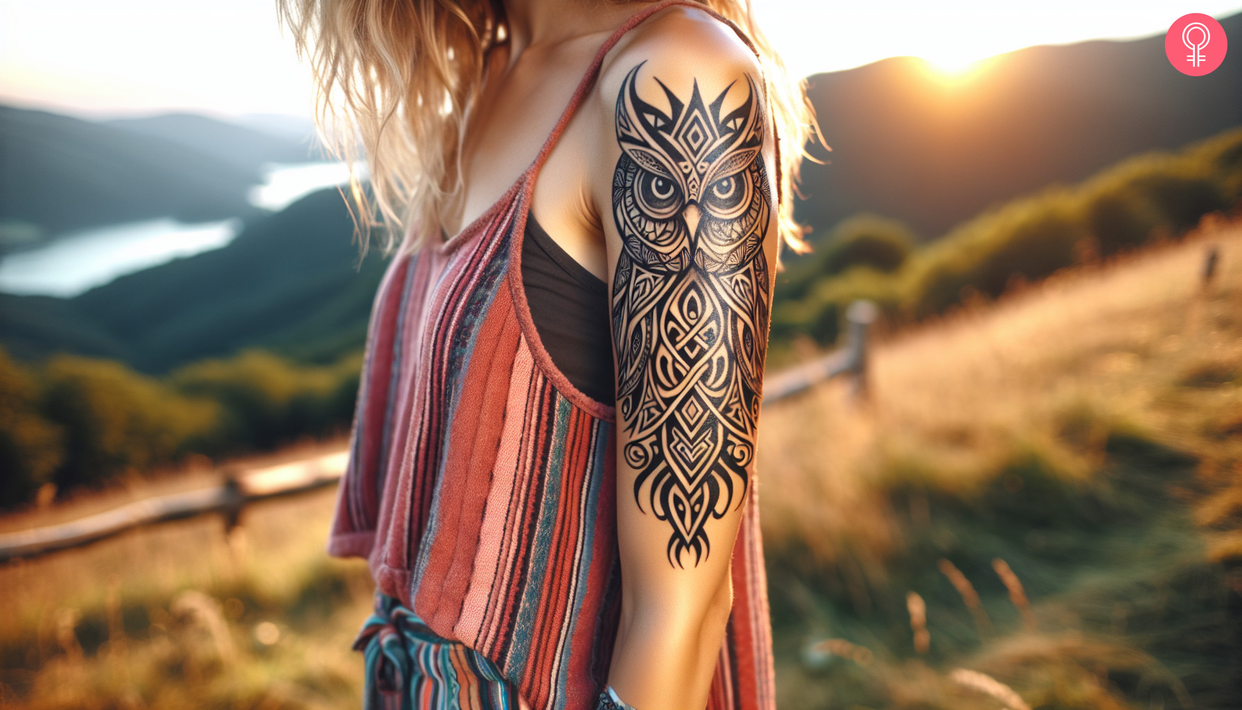 A Celtic inspired tribal owl tattoo with sharp eyes