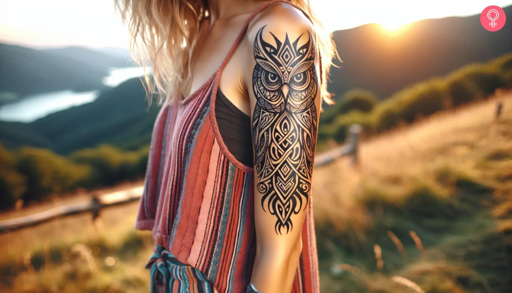 A Celtic inspired tribal owl tattoo with sharp eyes