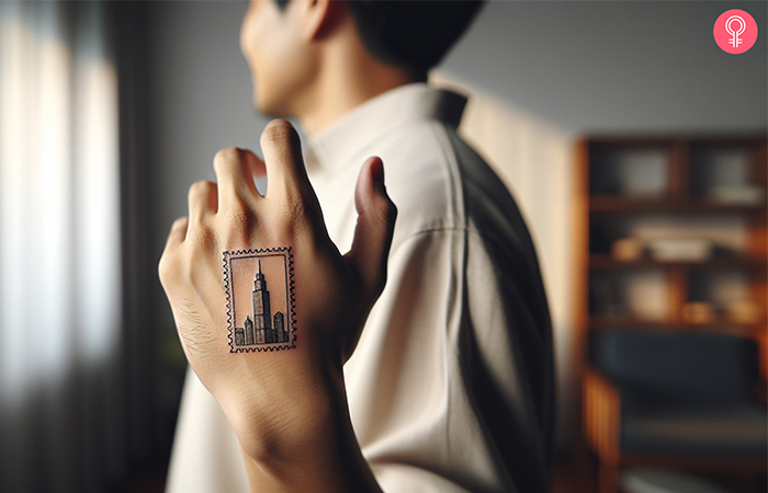 A man wearing a Chicago postage stamp tattoo on the back of his hand