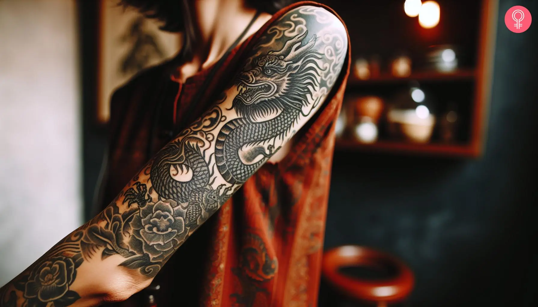 A woman with a black Chinese zodiac dragon tattoo on her arm