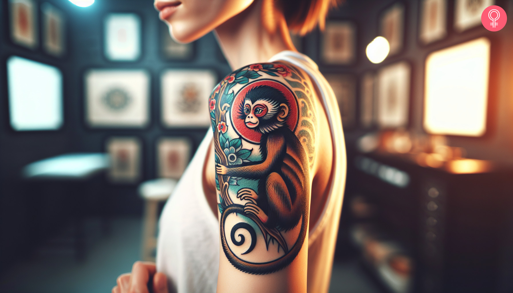 A woman with a colored Chinese zodiac monkey tattoo on her upper arm