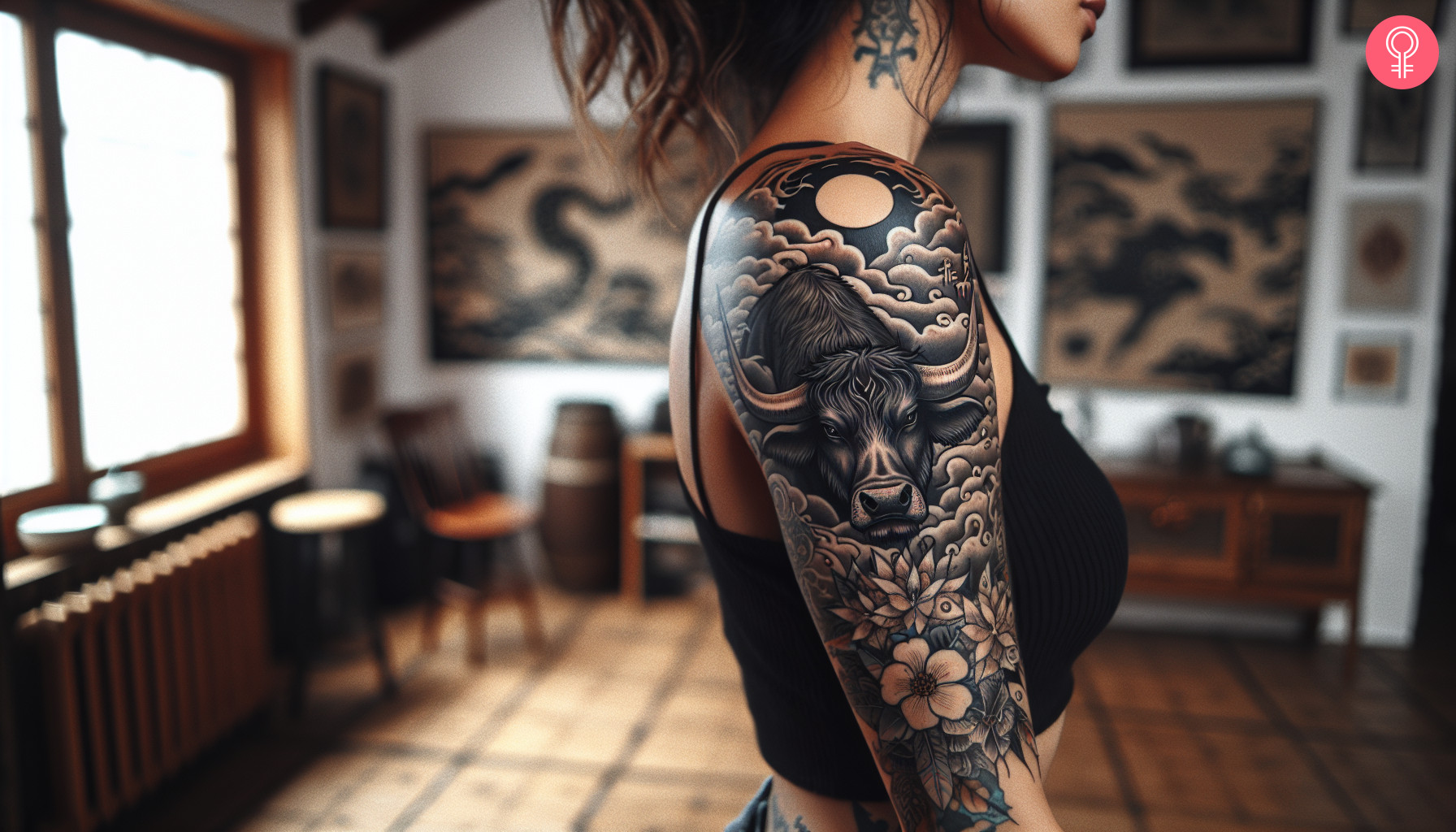 A woman with a black Chinese zodiac ox tattoo on her upper arm