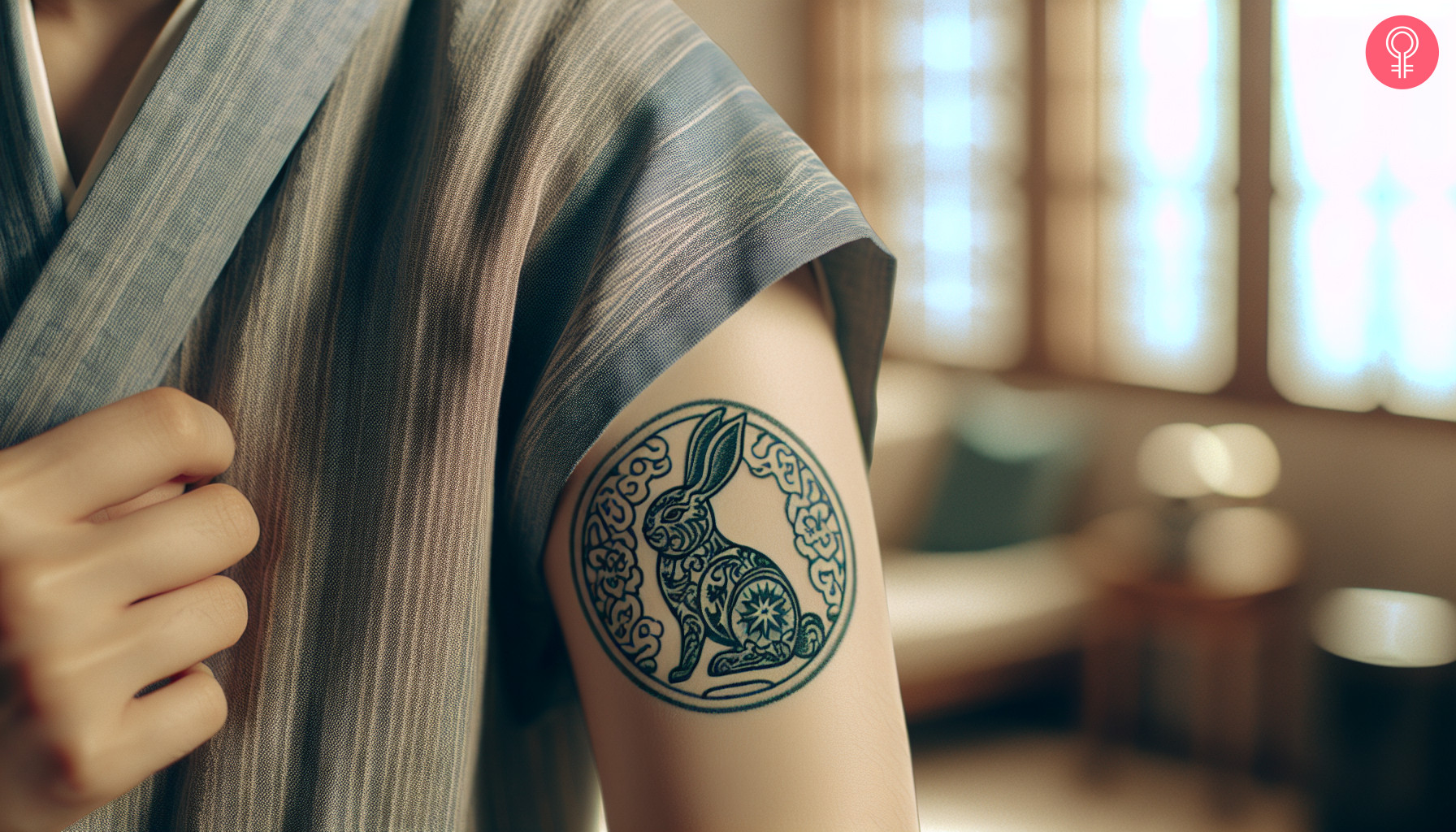 A woman with a black Chinese zodiac rabbit tattoo on her upper arm