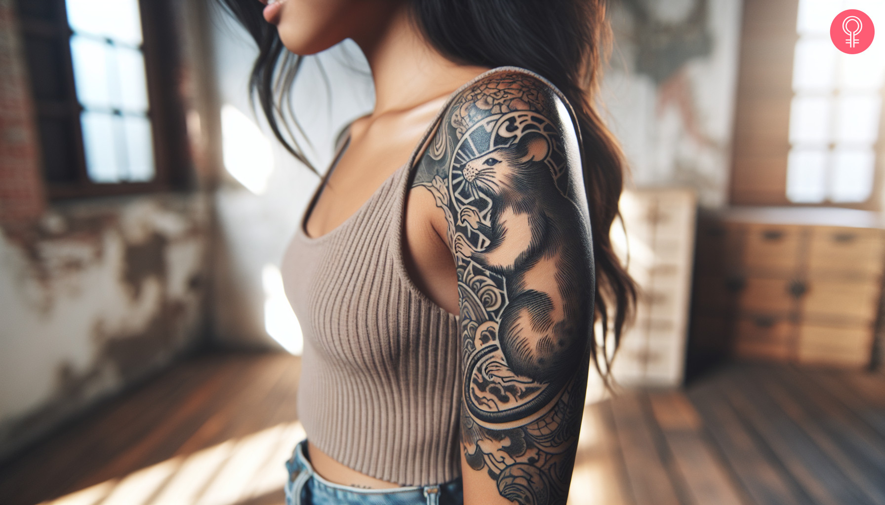 A woman with a black Chinese zodiac rat tattoo on her upper arm