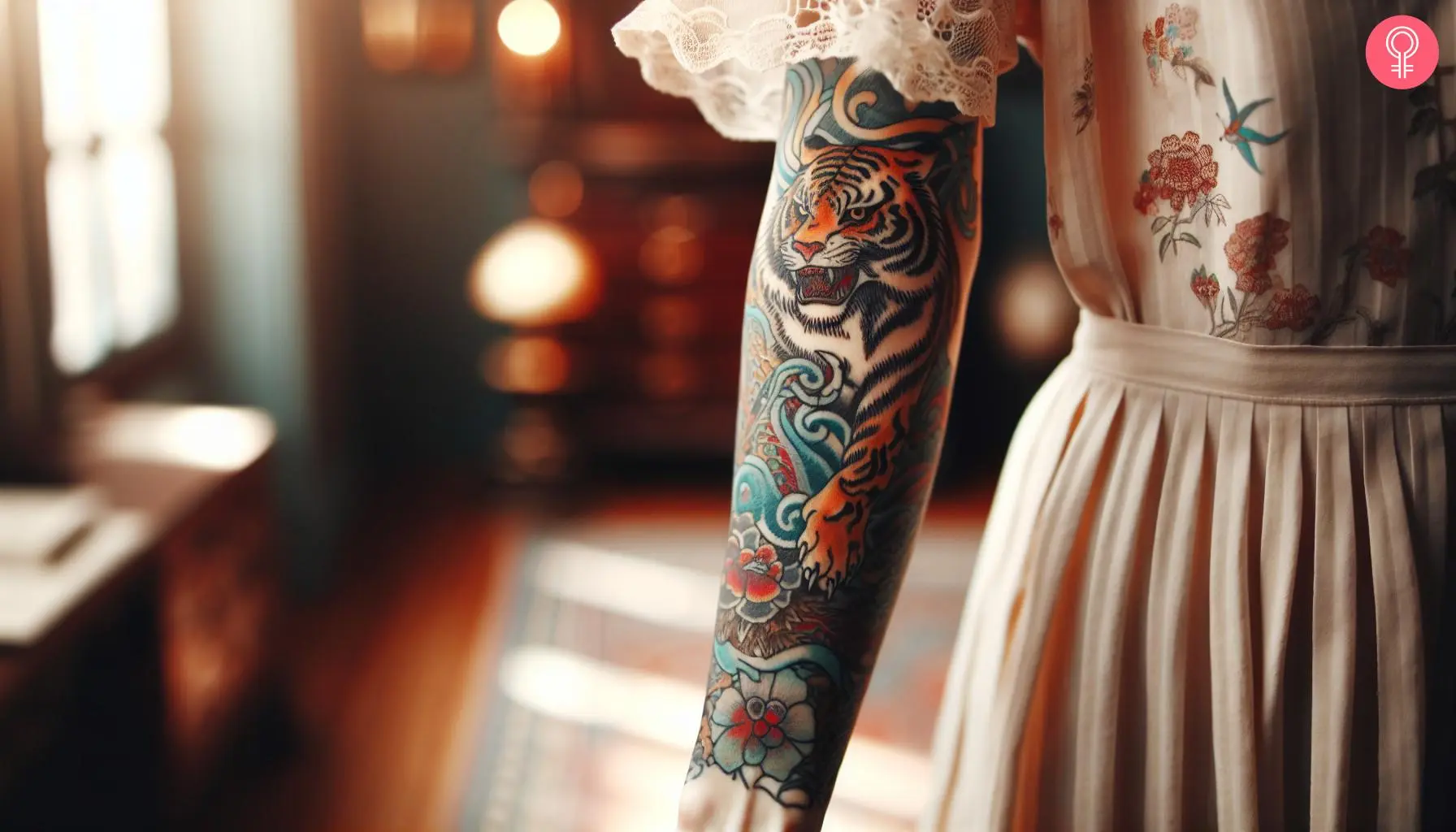 A woman with a colored Chinese zodiac tiger tattoo on her forearm