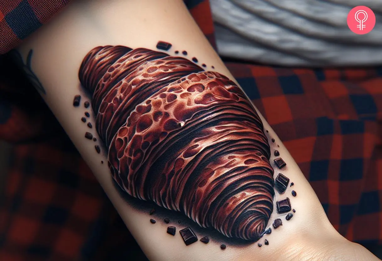 Woman with chocolate croissant tattoo on her wrist