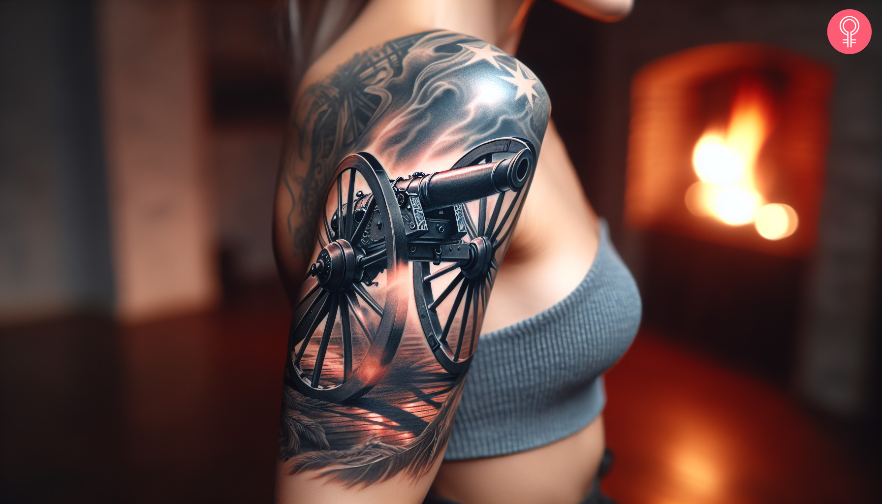 A woman with a black, realistic-style Civil War cannon tattoo on her upper arm