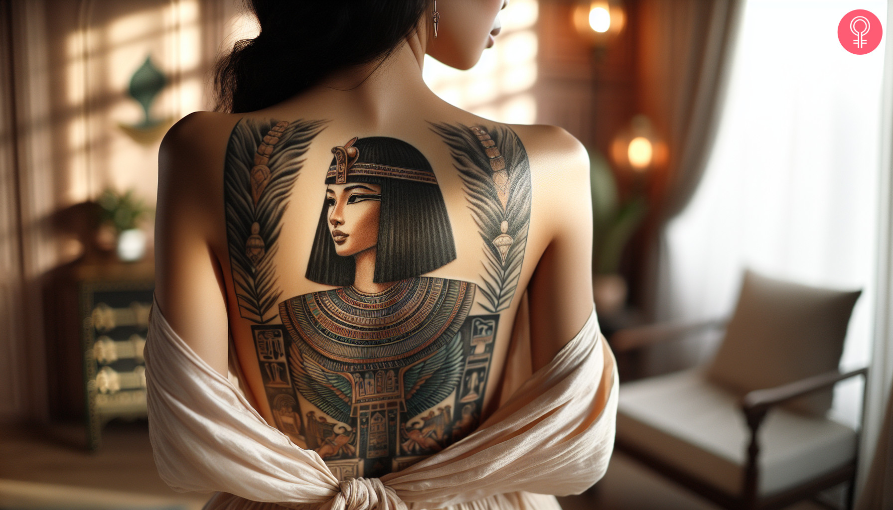 A woman with a colored Cleopatra tattoo on her upper back