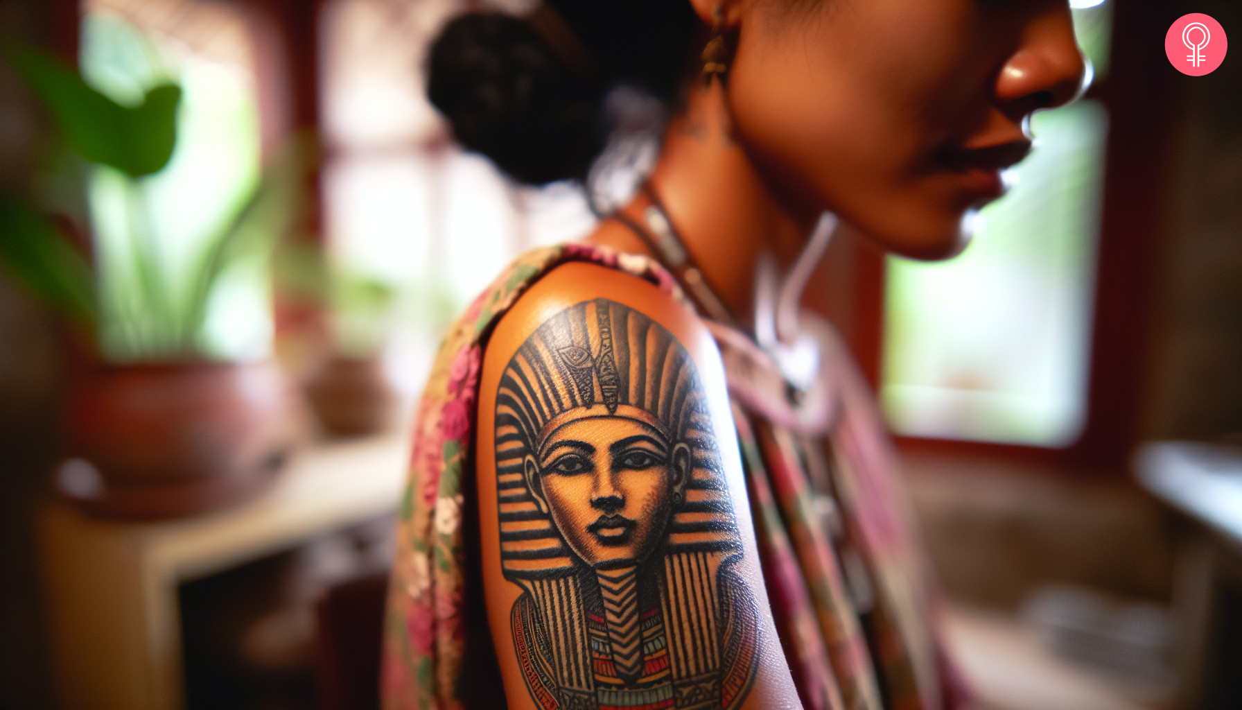 A woman with a colored Cleopatra face tattoo on her upper arm