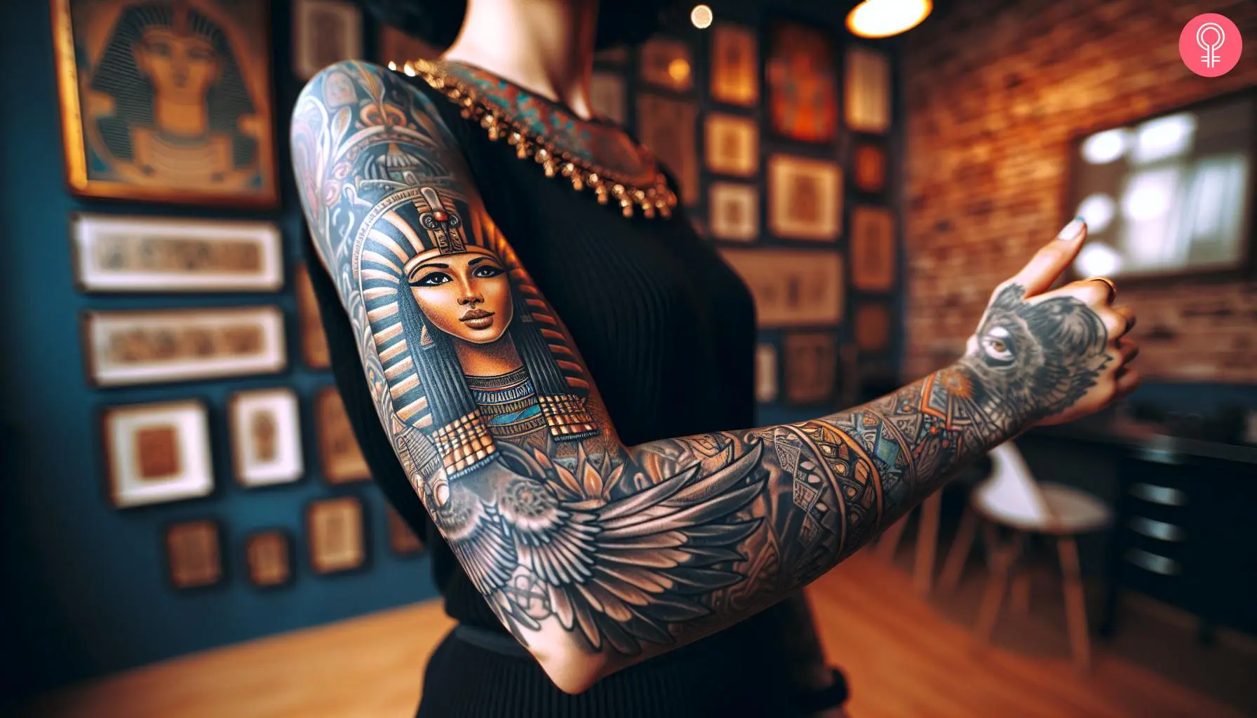 A woman with a colored Cleopatra tattoo on her entire sleeve