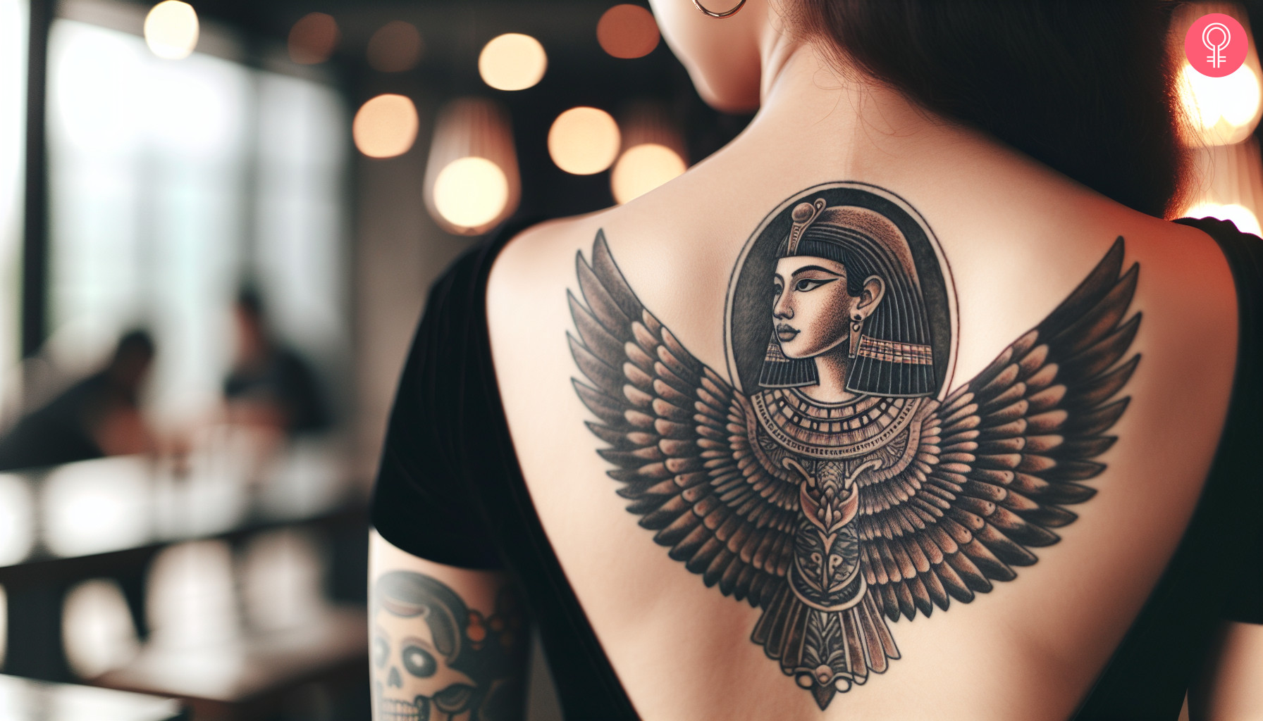 A woman with a Cleopatra wings tattoo on her upper back