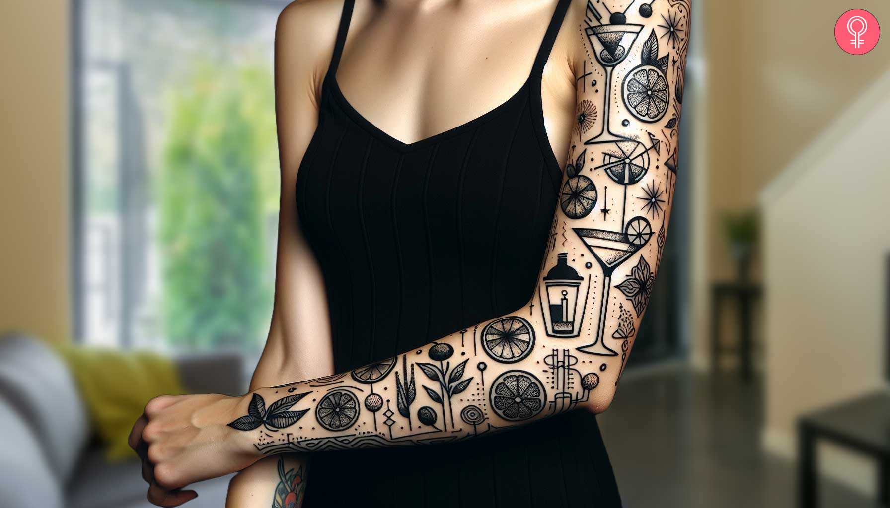 A sleeve tattoo filled with cocktail glasses and lemon wedges and mint leaves