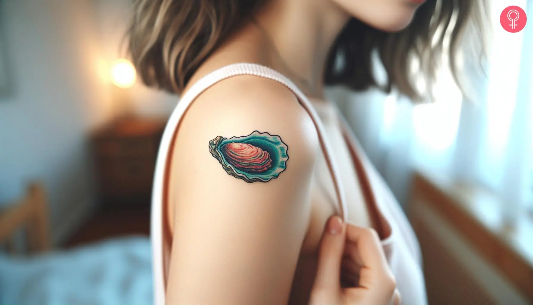 A woman with a colorful oyster tattoo on her upper arm