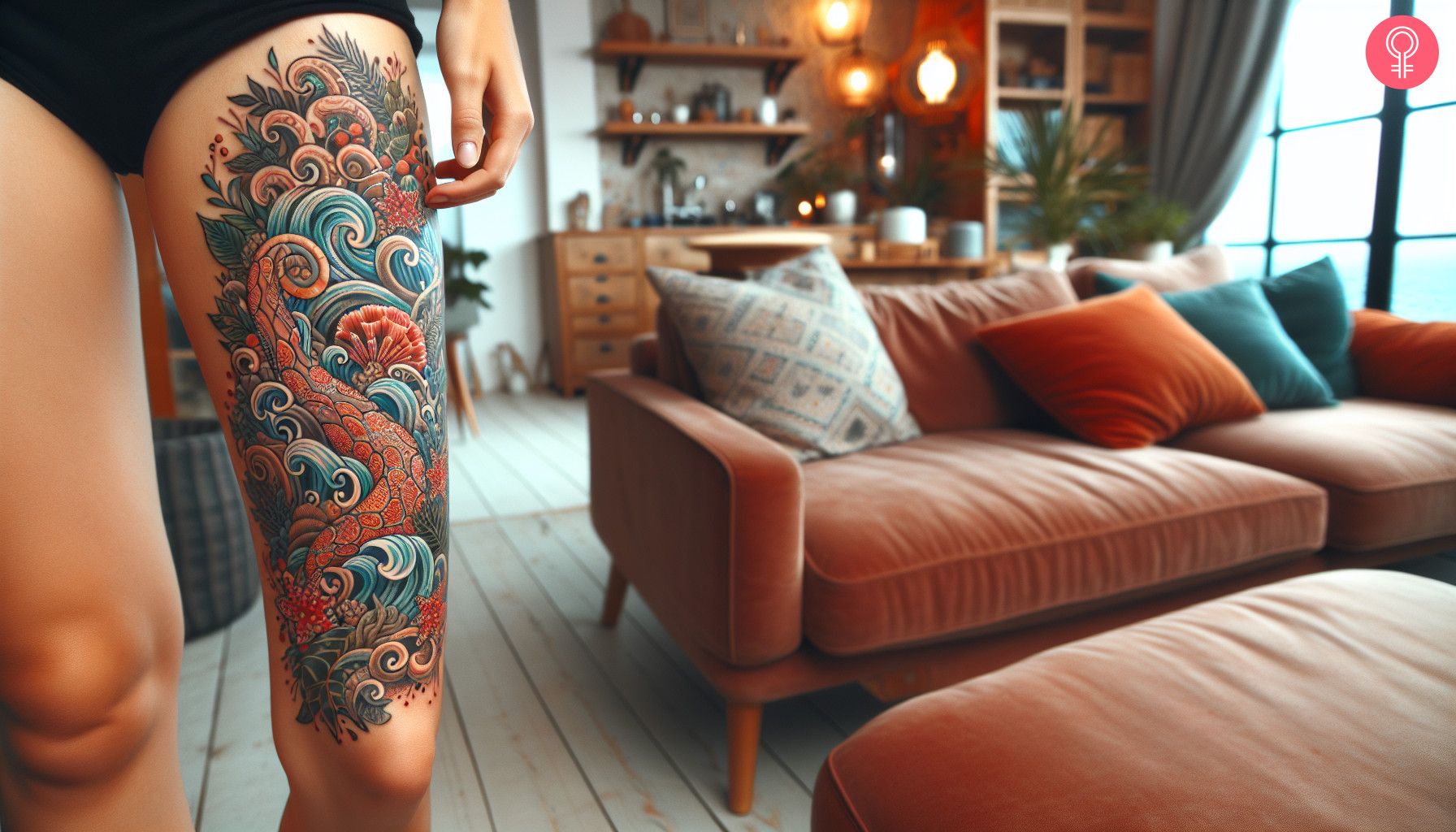 Colorful bio organic leg tattoo with waves and aquatic plants