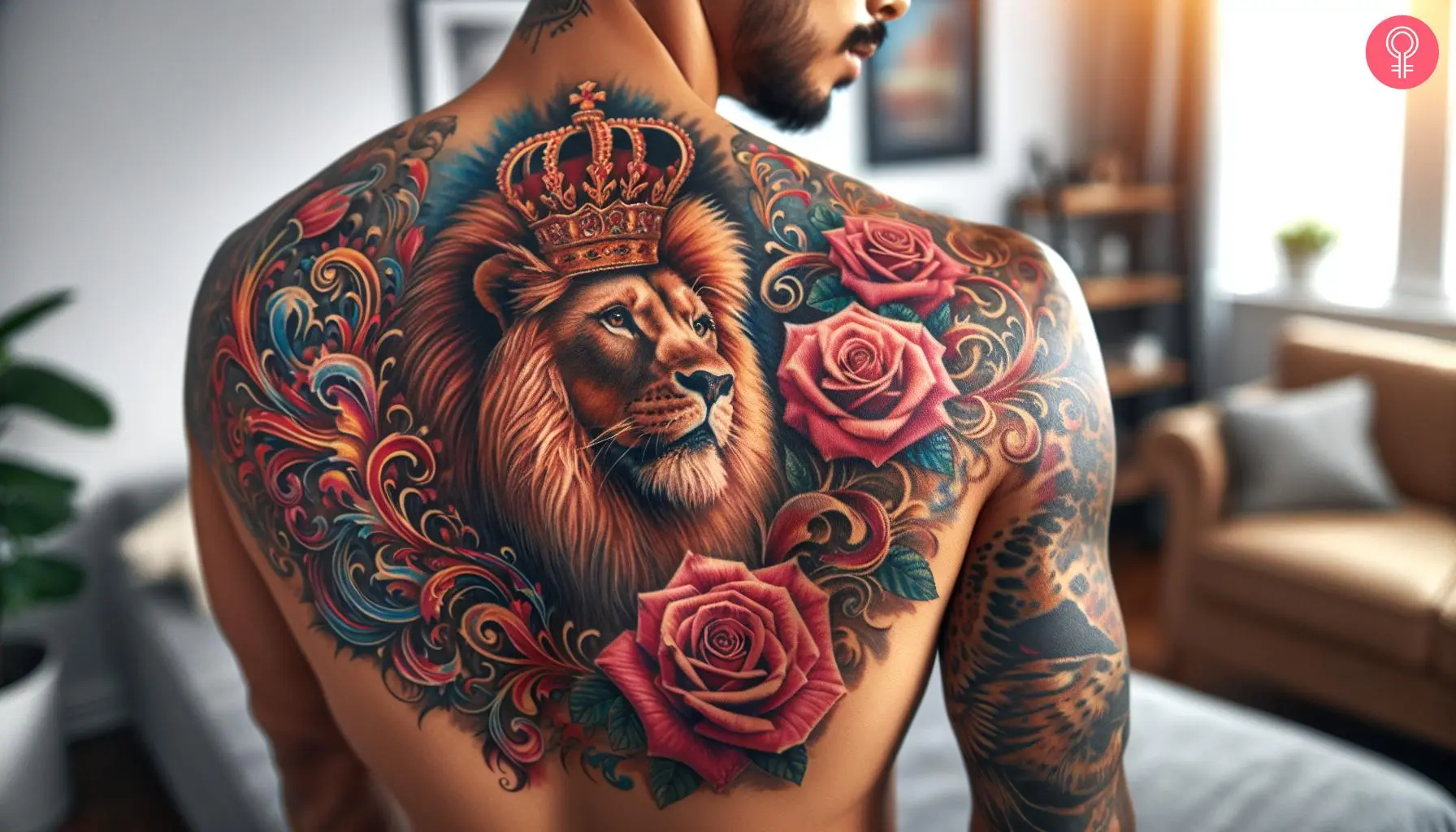 Colorful lion tattoo with crown and roses on the back