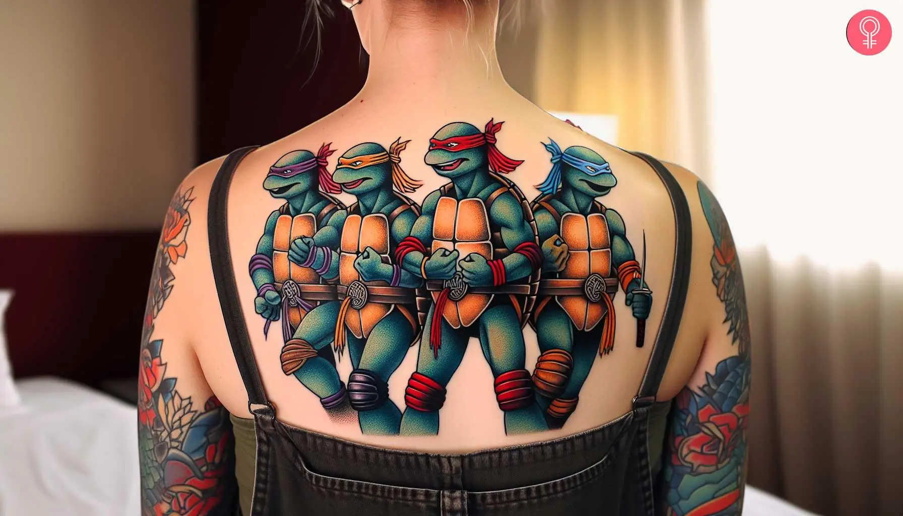 Colorful rendition of the Ninja Turtles on the upper back